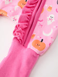 Halloween Pumpkin Ghost Print Baby Girl Pajamas Ruffle Zipper Romper - 4