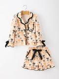 Halloween Bow Print Girls Pajama Set Long Sleeve Top and Shorts - 1