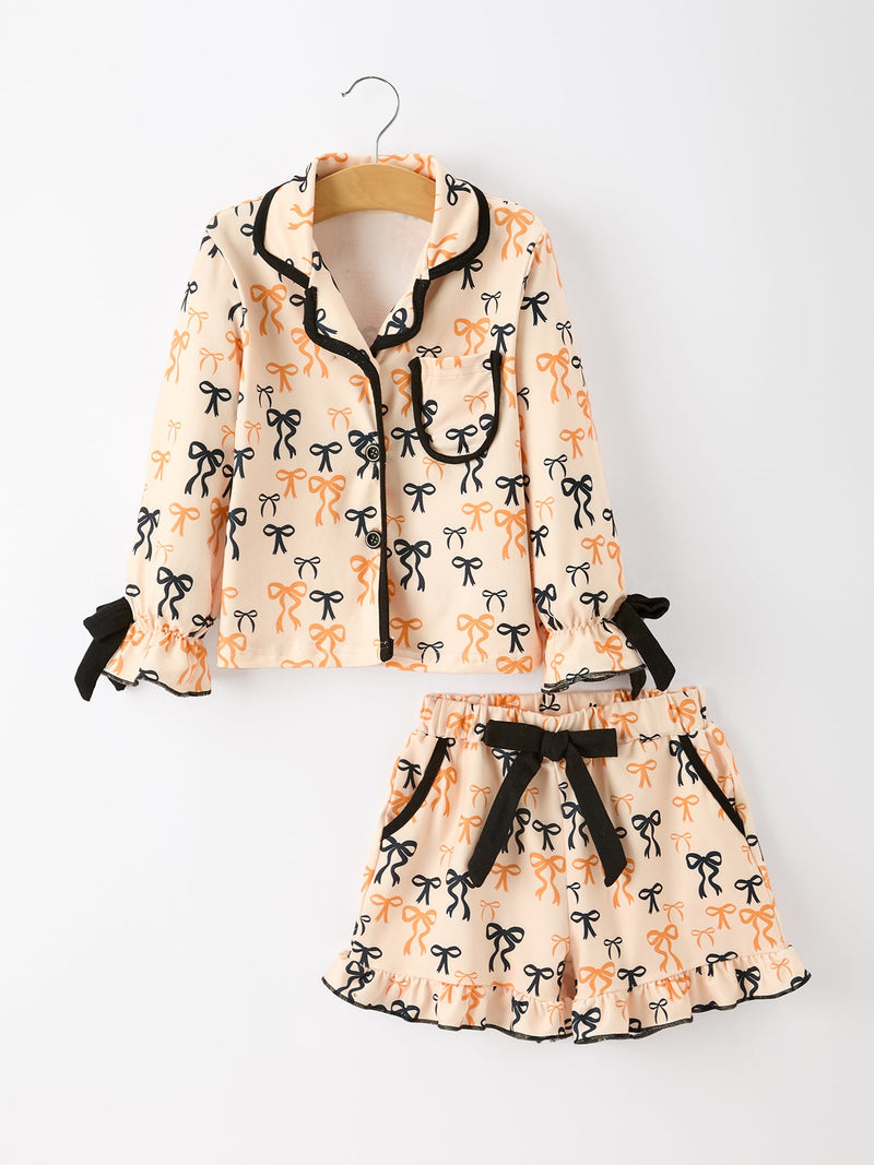 Halloween Bow Print Girls Pajama Set Long Sleeve Top and Shorts - 1