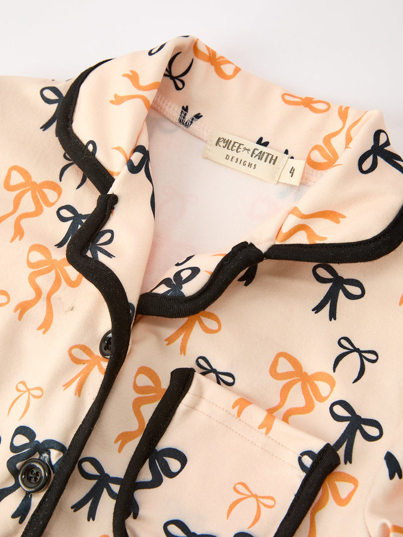 Halloween Bow Print Girls Pajama Set Long Sleeve Top and Shorts - 3