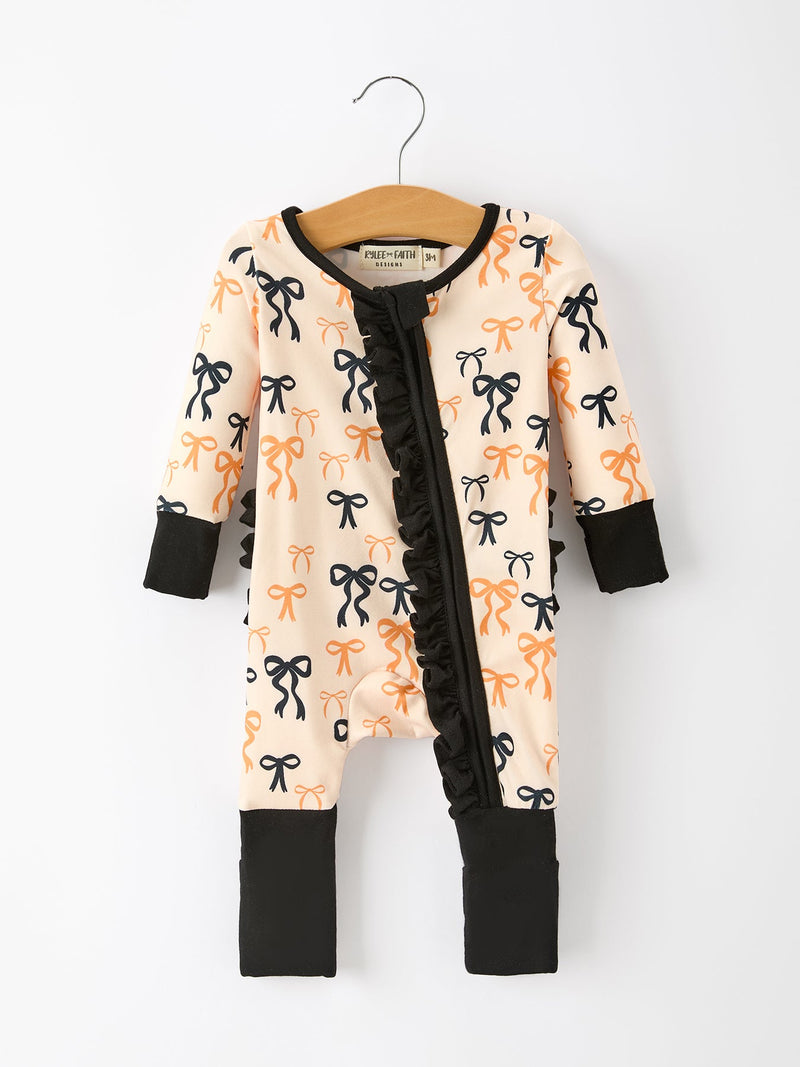 Halloween Bow Print Baby Girl Pajamas Ruffle Zipper Romper - 1