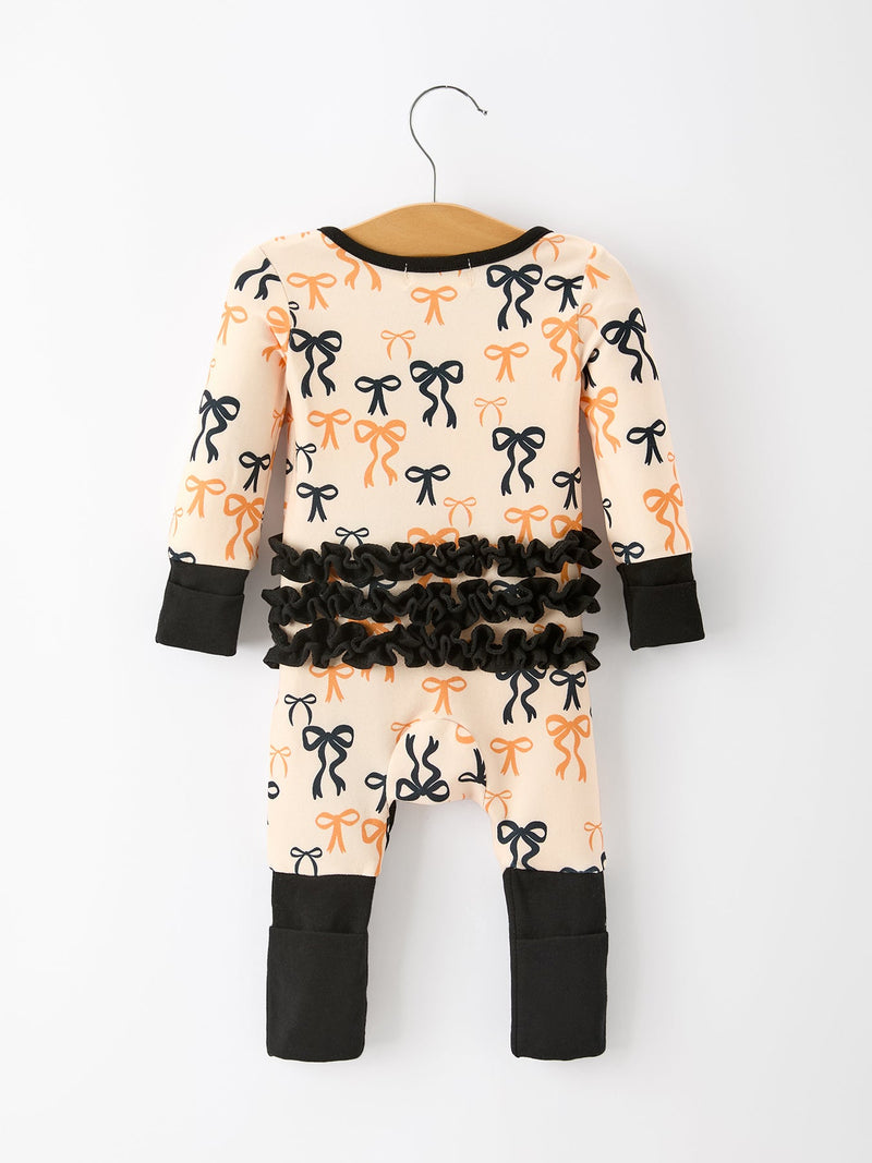 Halloween Bow Print Baby Girl Pajamas Ruffle Zipper Romper - 2