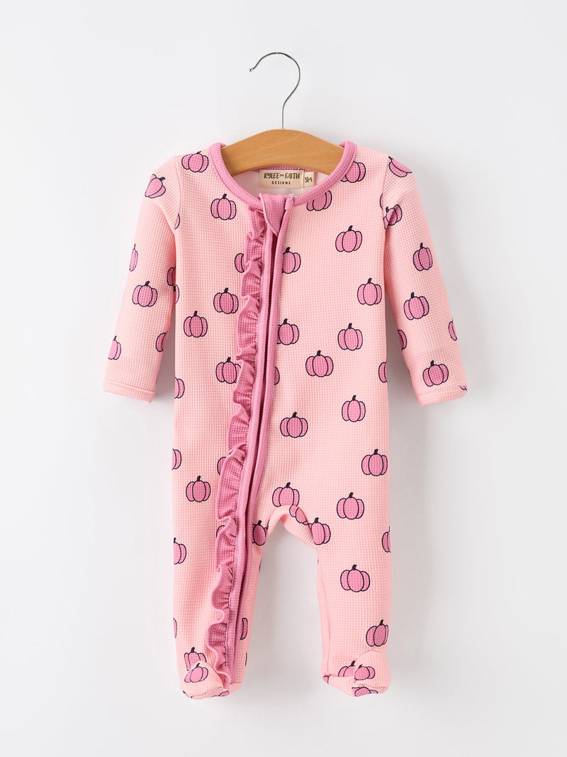 Fall Thanksgiving Pink Pumpkin Ruffle Zip Sleeper Waffle Jumpsuit - 1