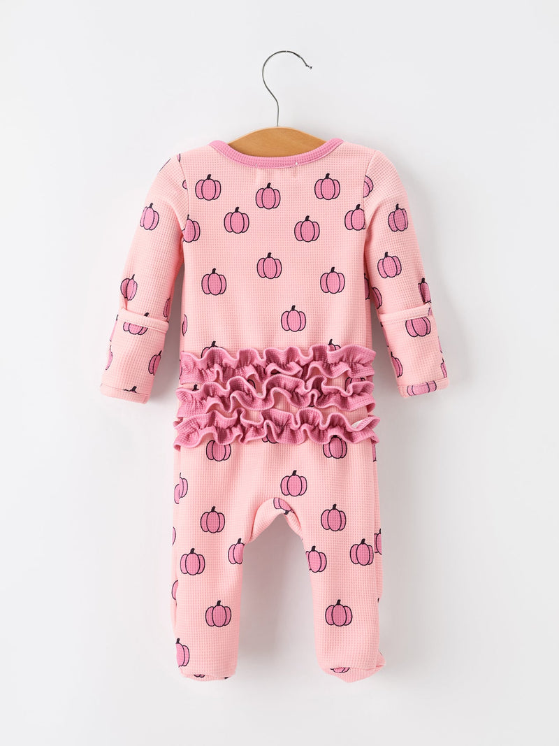 Fall Thanksgiving Pink Pumpkin Ruffle Zip Sleeper Waffle Jumpsuit - 2