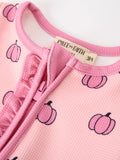 Fall Thanksgiving Pink Pumpkin Ruffle Zip Sleeper Waffle Jumpsuit - 3