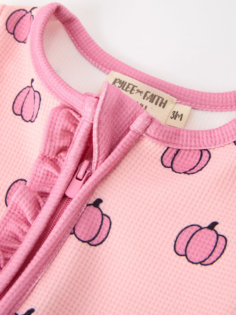 Fall Thanksgiving Pink Pumpkin Ruffle Zip Sleeper Waffle Jumpsuit - 3