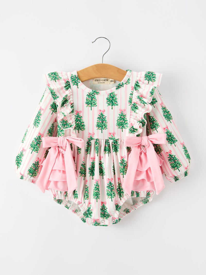 Christmas Tree Print Ruffle Bow Baby Girl Bubble Romper - 1