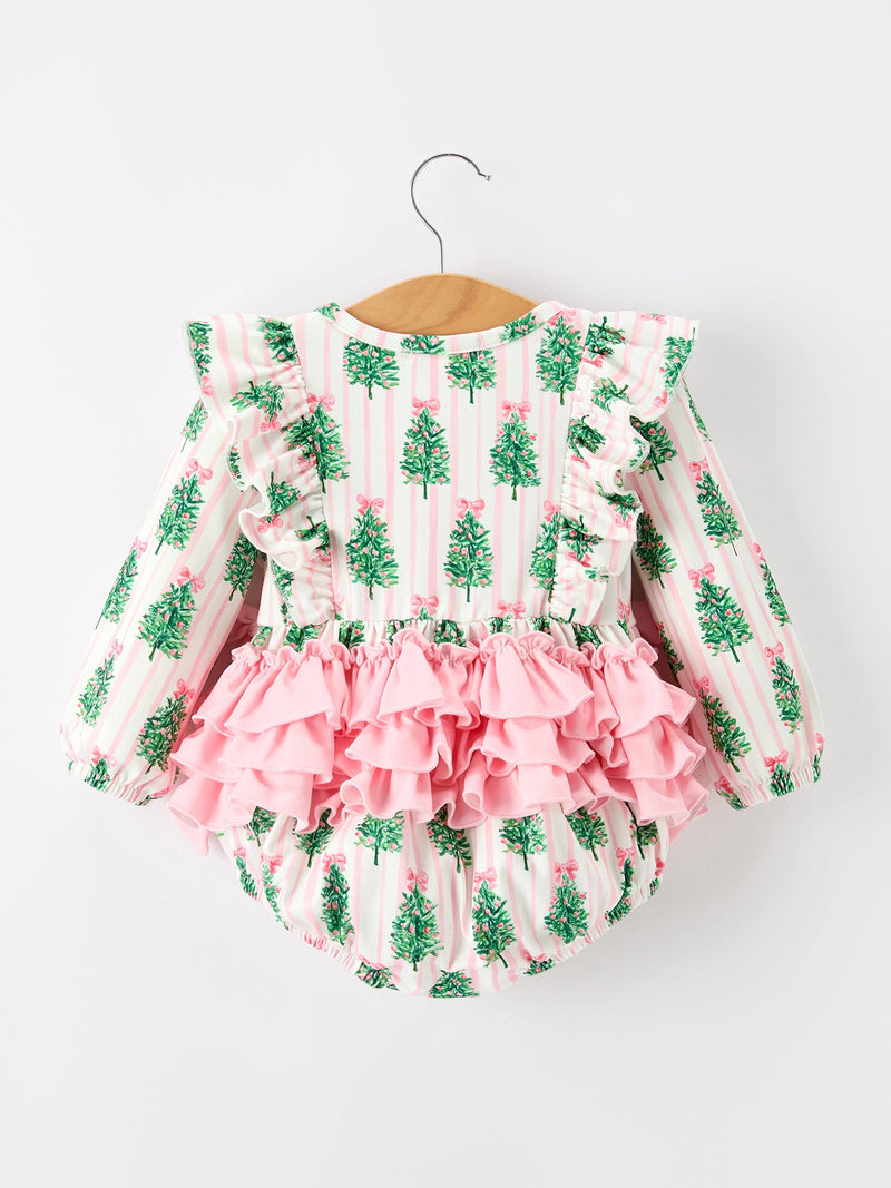Christmas Tree Print Ruffle Bow Baby Girl Bubble Romper - 2