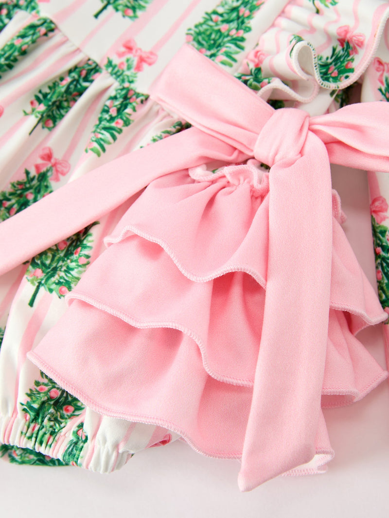 Christmas Tree Print Ruffle Bow Baby Girl Bubble Romper - 4