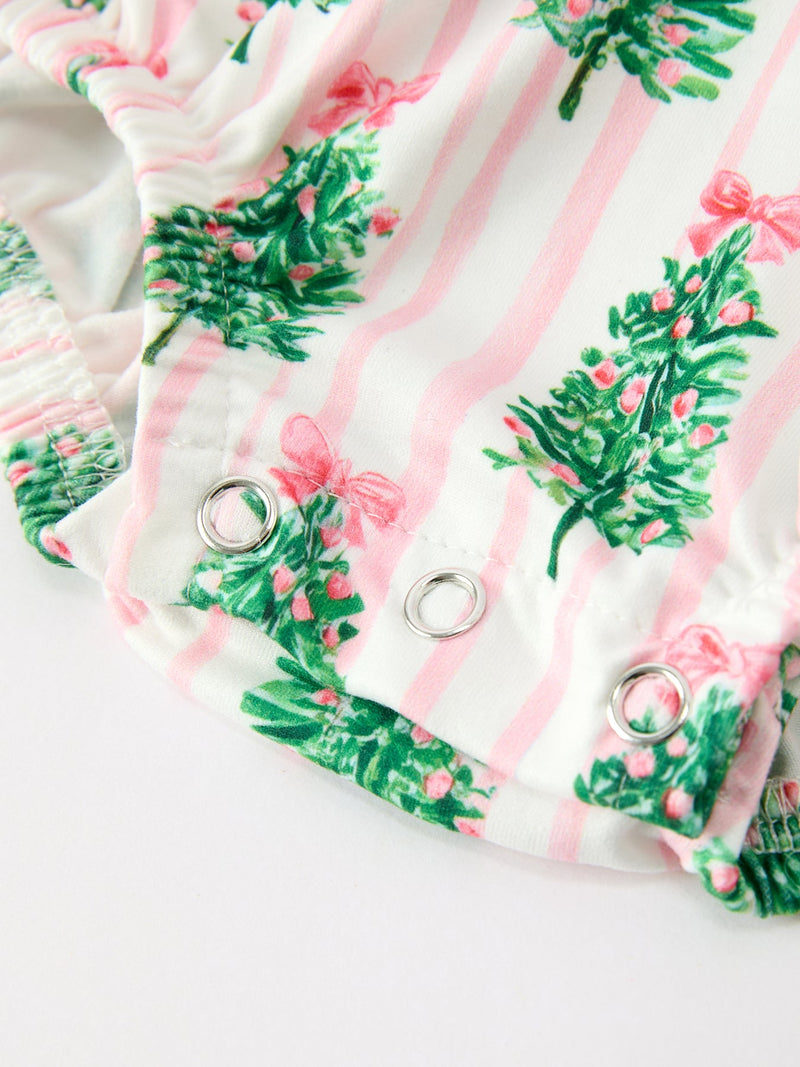 Christmas Tree Print Ruffle Bow Baby Girl Bubble Romper - 5