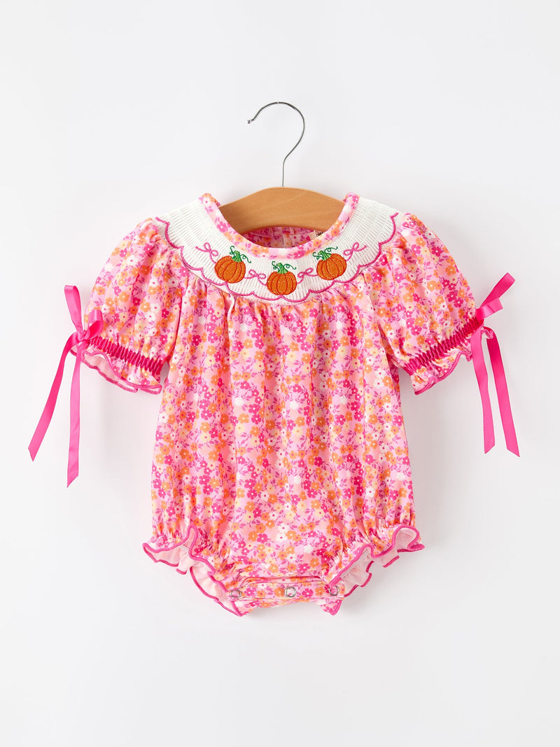 Girls Halloween & Thanksgiving Floral Smocked Bubble Romper - 1