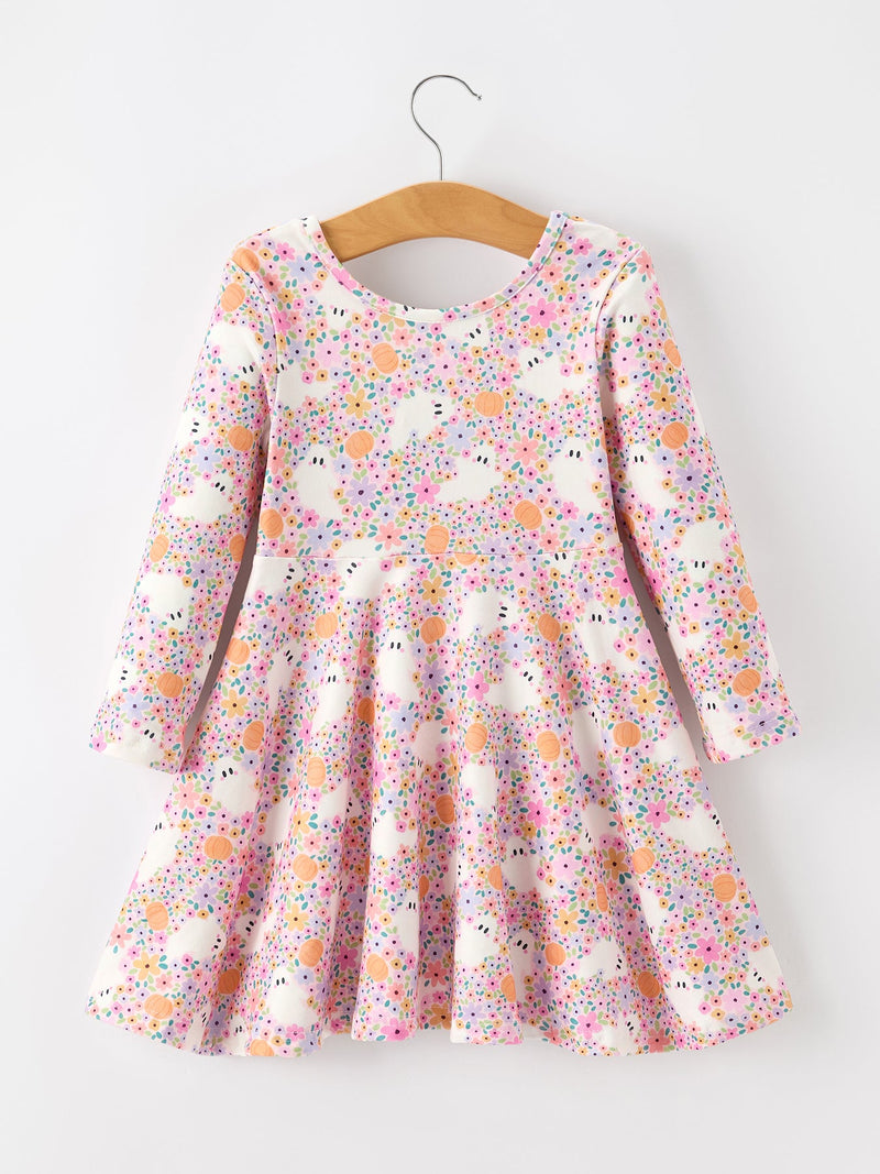 Halloween Ghost Print Girls Twirl Dress Long Sleeve - 2