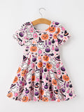 Halloween Pumpkin Ghost Print Girls Twirl Dress Short Sleeve - 2