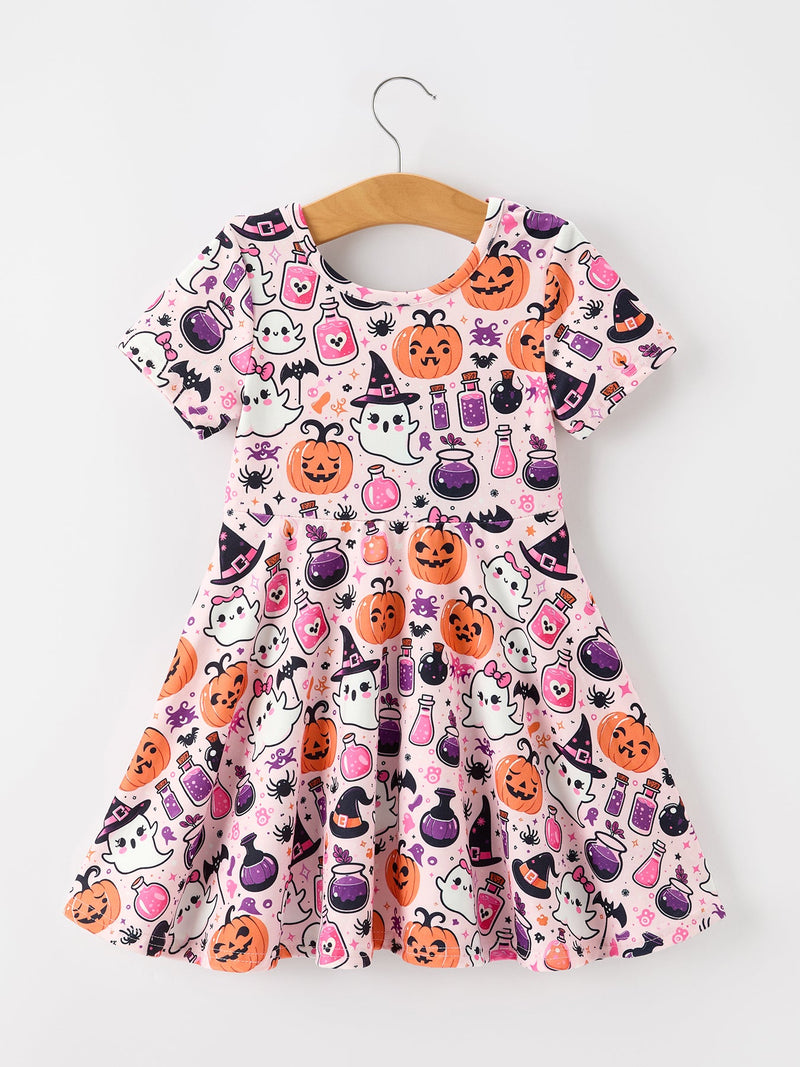 Halloween Pumpkin Ghost Print Girls Twirl Dress Short Sleeve - 2