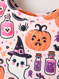 Halloween Pumpkin Ghost Print Girls Twirl Dress Short Sleeve - 3