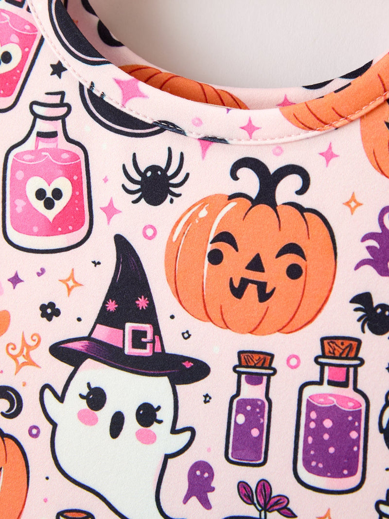 Halloween Pumpkin Ghost Print Girls Twirl Dress Short Sleeve - 3
