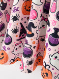 Halloween Pumpkin Ghost Print Girls Twirl Dress Short Sleeve - 5