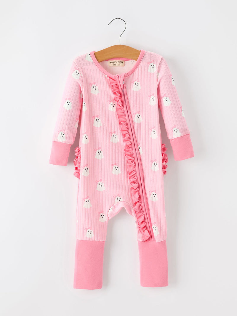Halloween Ghost Baby Girl Pink Pajamas Ruffle Zipper Romper - 1