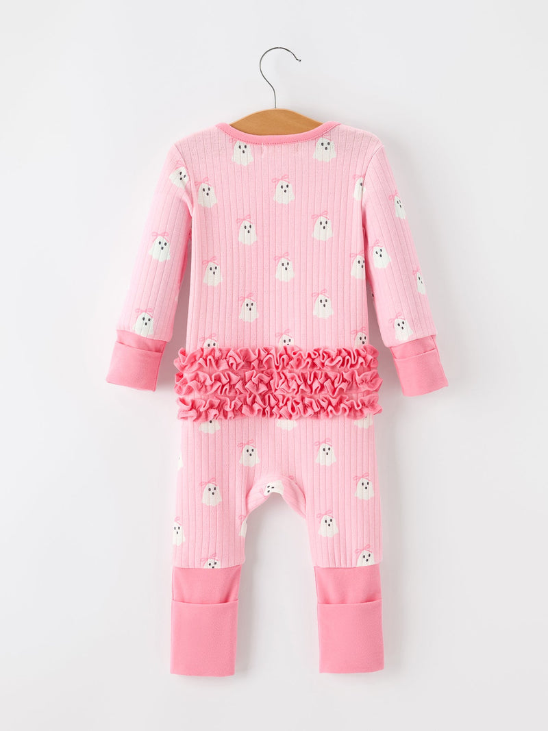Halloween Ghost Baby Girl Pink Pajamas Ruffle Zipper Romper - 2