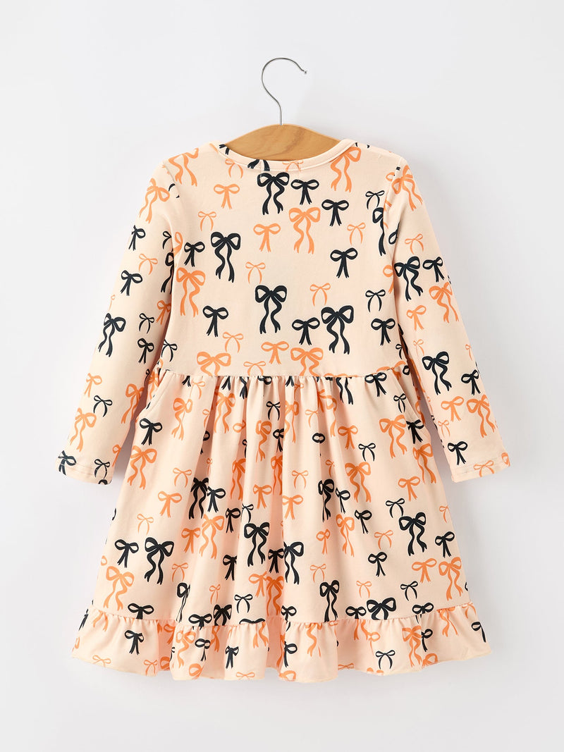 Halloween Bow Print Girls Twirl Dress Long Sleeve with Pockets - 2