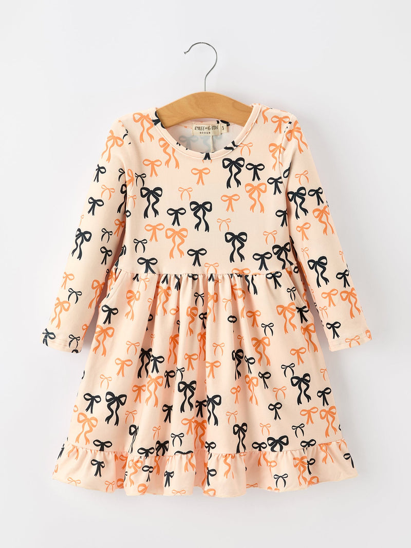 Halloween Bow Print Girls Twirl Dress Long Sleeve with Pockets - 1