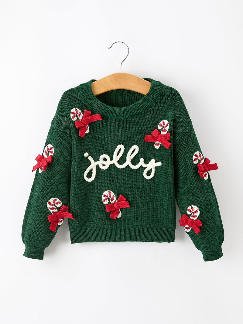 Girls Christmas Jolly Candy Cane Bow Knit Sweater - 1