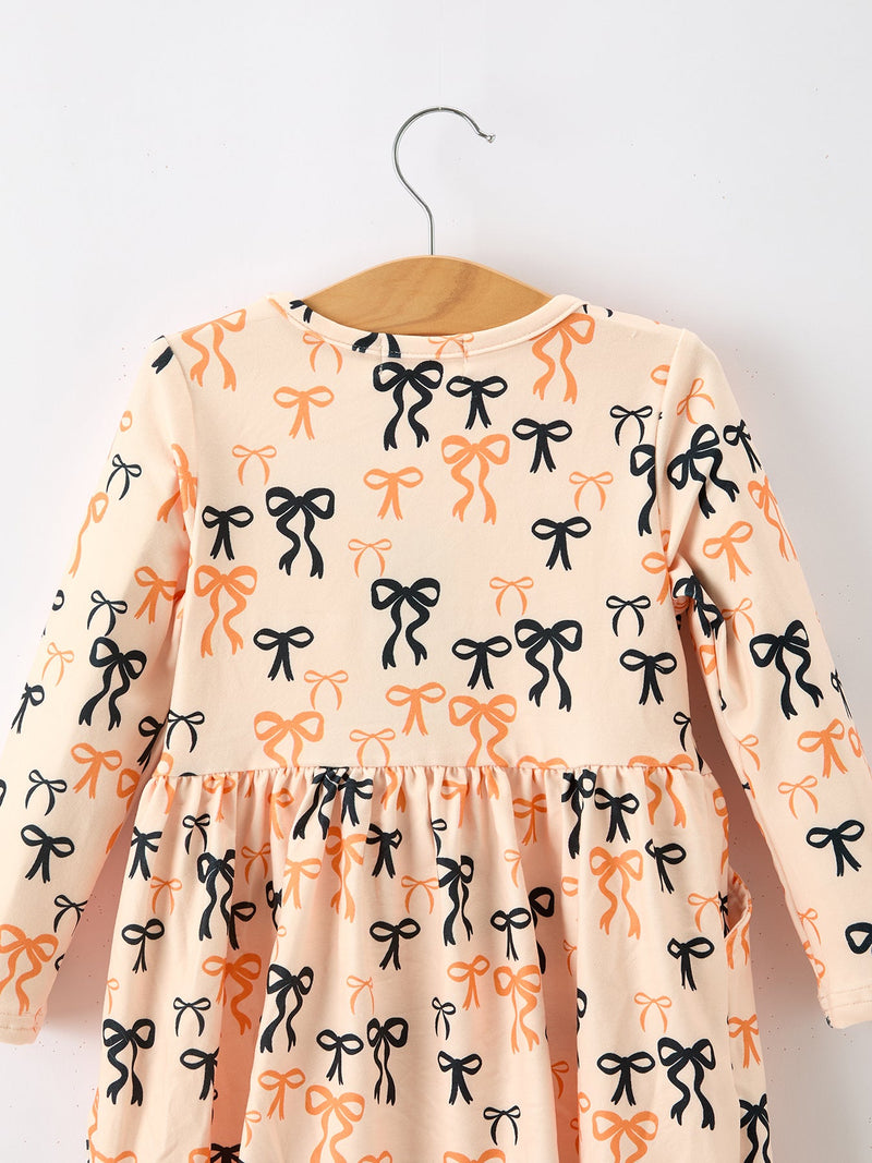 Halloween Bow Print Girls Twirl Dress Long Sleeve with Pockets - 3