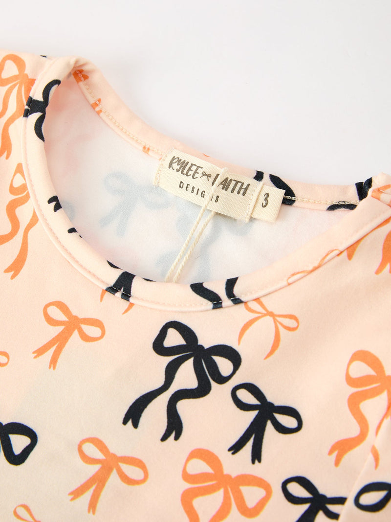 Halloween Bow Print Girls Twirl Dress Long Sleeve with Pockets - 4