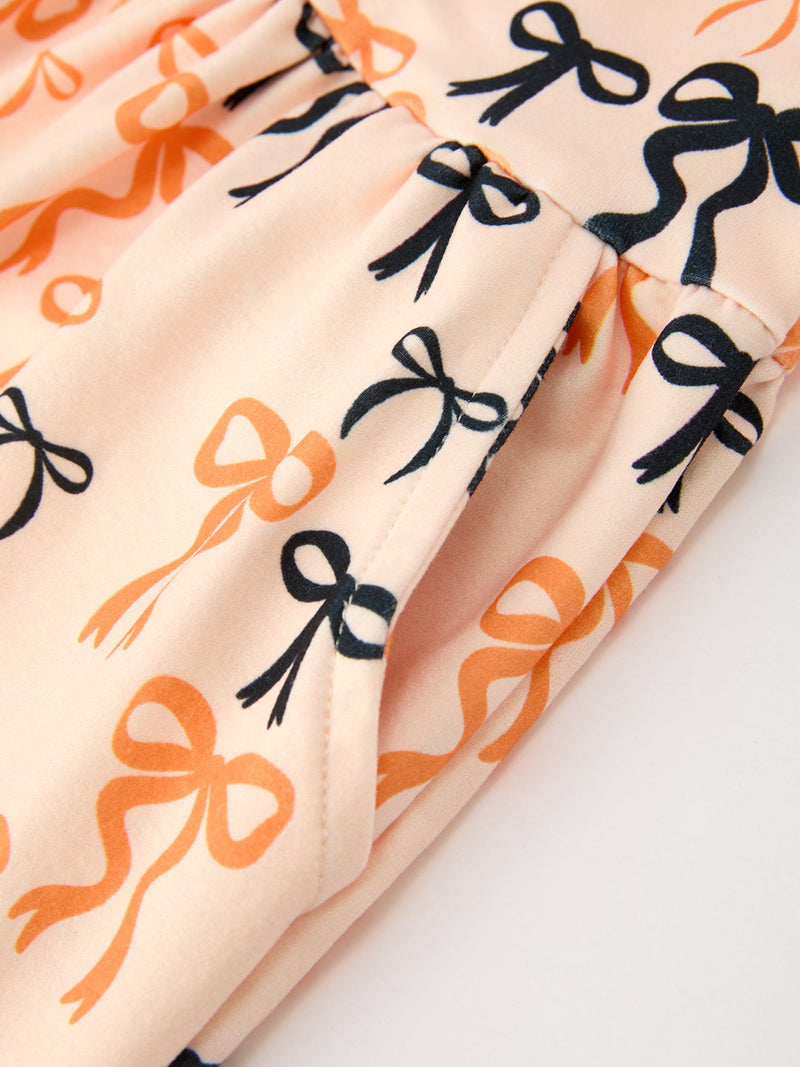 Halloween Bow Print Girls Twirl Dress Long Sleeve with Pockets - 5