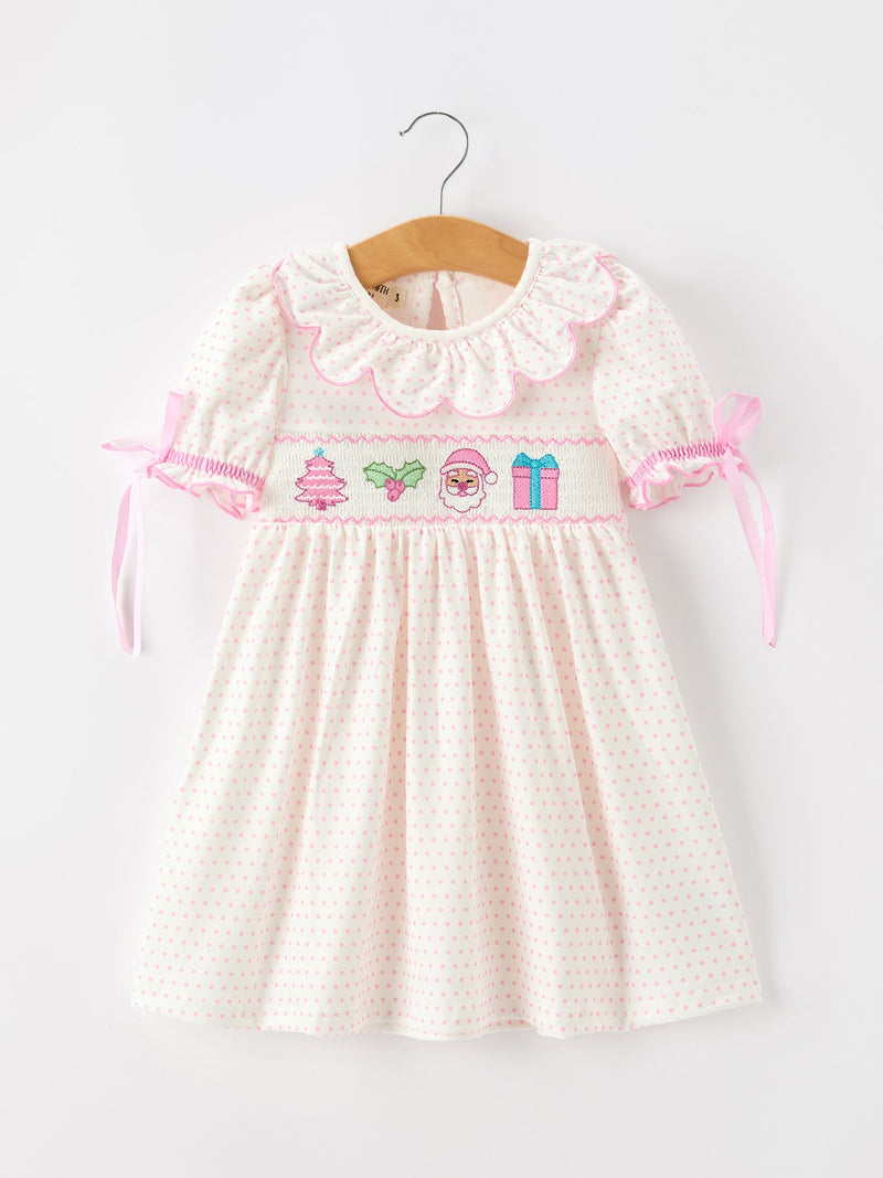 Christmas Smocked Girls Dress Embroidered Holiday Ruffle Collar - 1