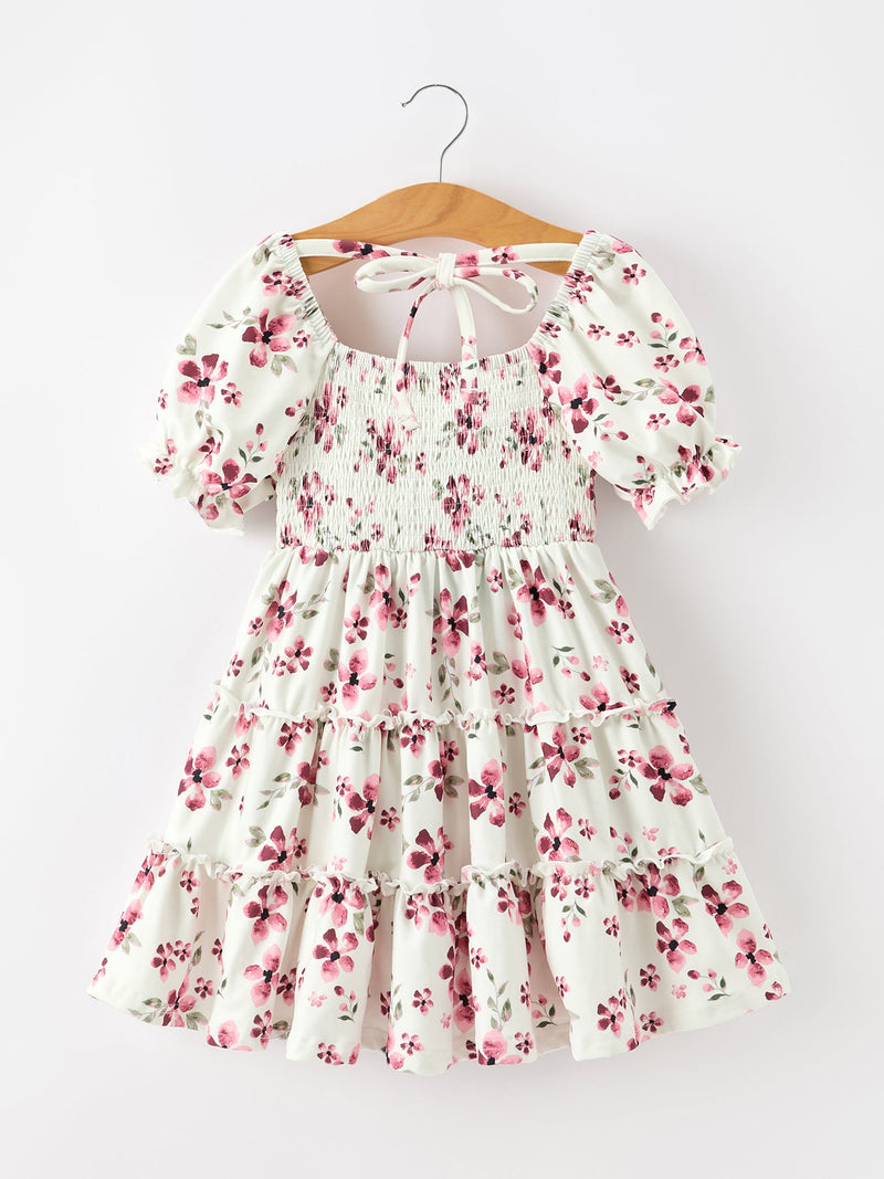 Floral Ruffle Girls Dress Puff Sleeve Party Dress - 2