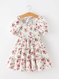 Floral Ruffle Girls Dress Puff Sleeve Party Dress - 1