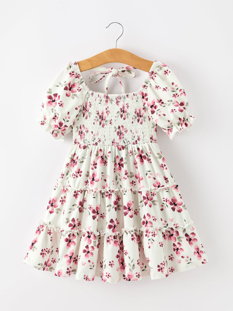 Floral Ruffle Girls Dress Puff Sleeve Party Dress - 1