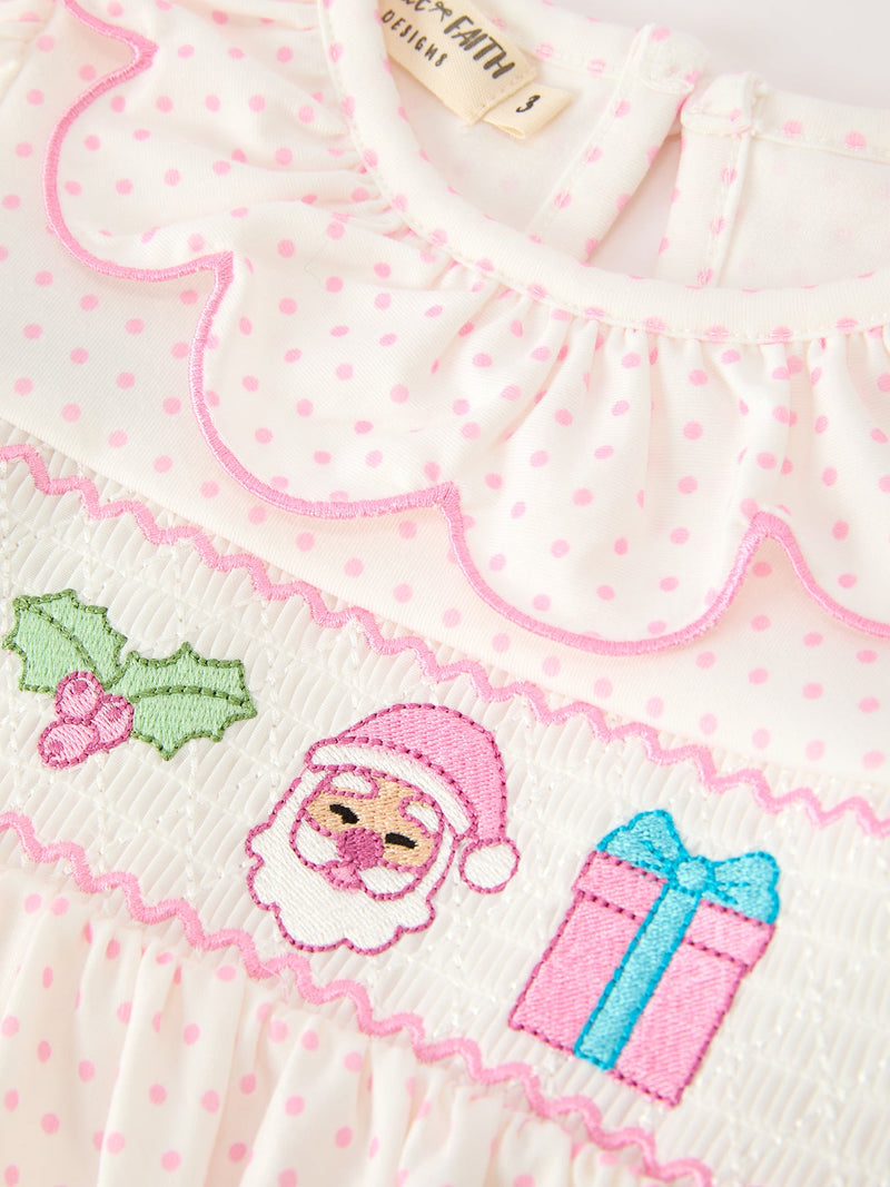 Christmas Smocked Girls Dress Embroidered Holiday Ruffle Collar - 3