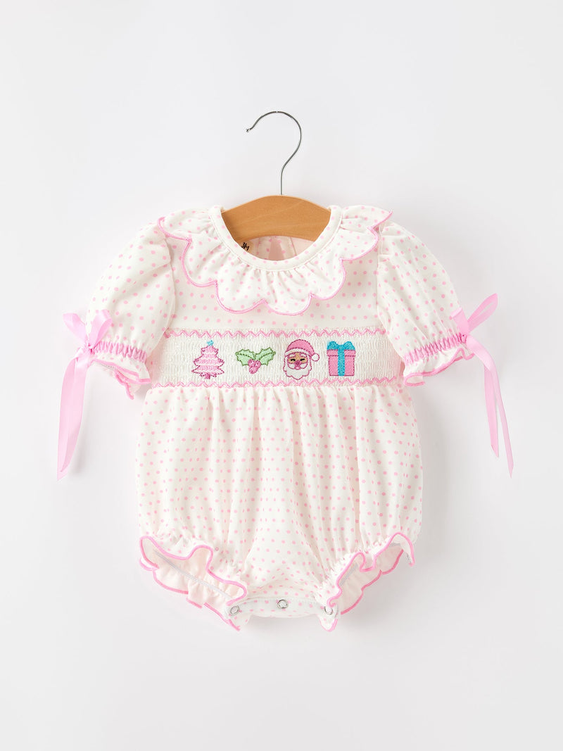 Christmas Smocked Baby Girl Bubble Romper Embroidered Ruffle Collar - 1