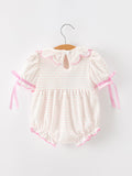 Christmas Smocked Baby Girl Bubble Romper Embroidered Ruffle Collar - 2