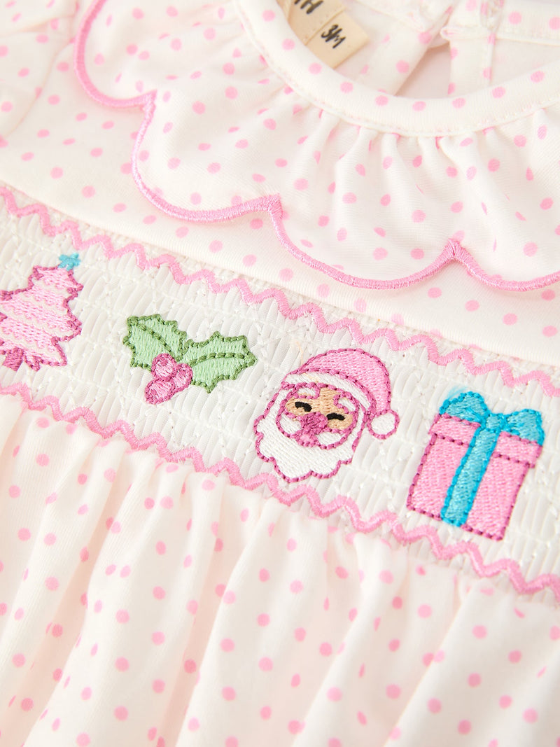 Christmas Smocked Baby Girl Bubble Romper Embroidered Ruffle Collar - 3