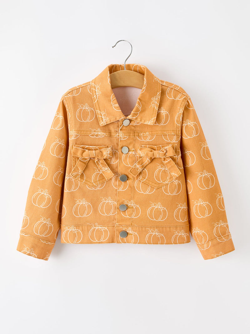 Fall Girls Pumpkin Print Bow Denim Jacket - 1