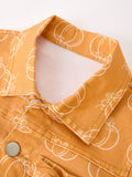 Fall Girls Pumpkin Print Bow Denim Jacket - 3