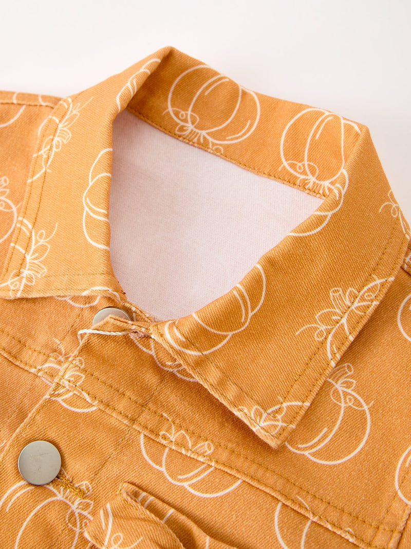 Fall Girls Pumpkin Print Bow Denim Jacket - 3