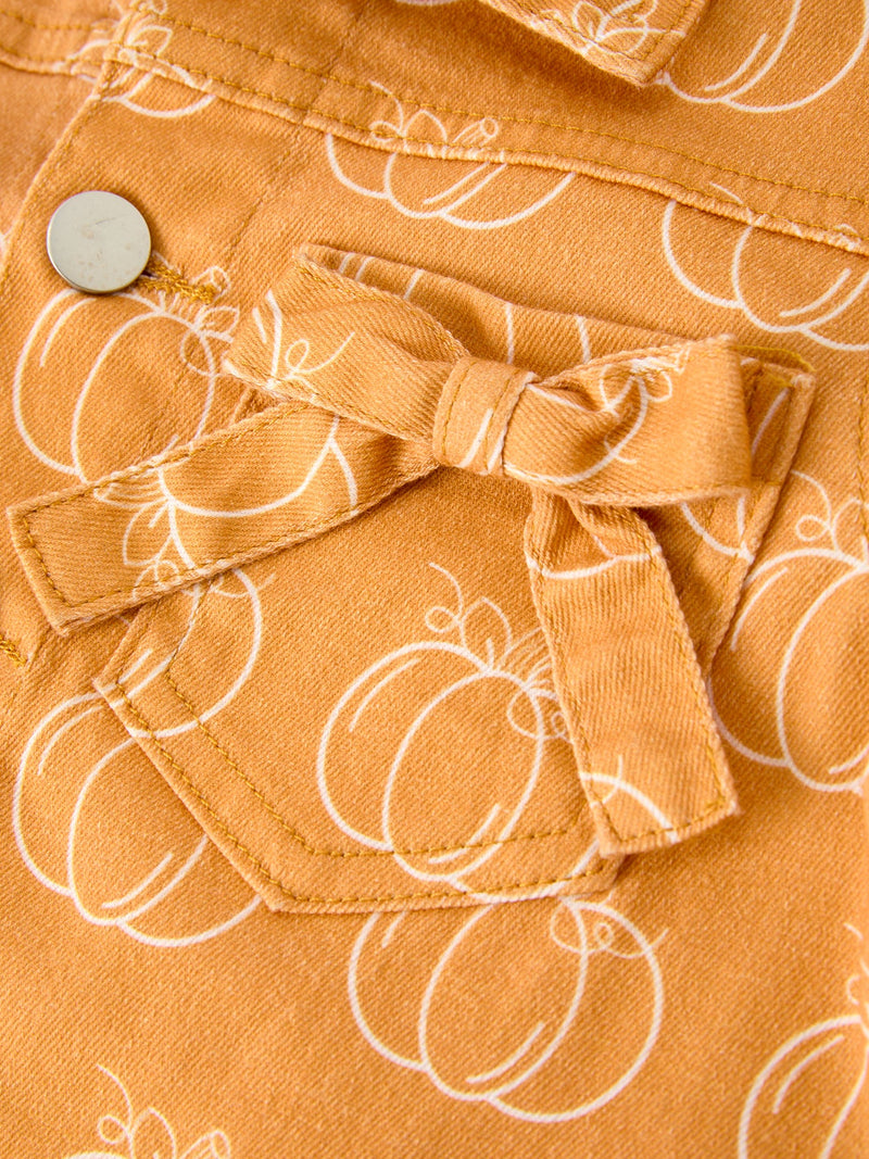 Fall Girls Pumpkin Print Bow Denim Jacket - 4