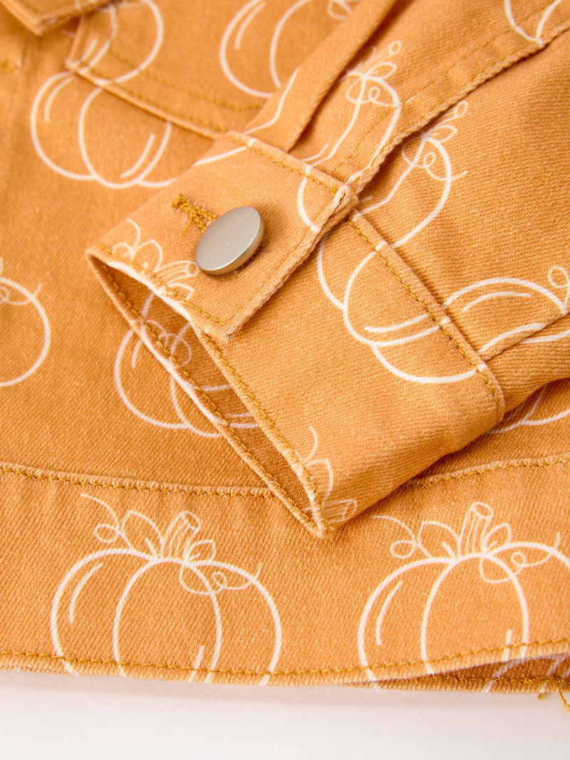 Fall Girls Pumpkin Print Bow Denim Jacket - 5
