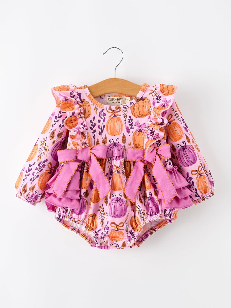 Halloween Thanksgiving Pumpkin Girls Romper with Ruffle Bow - 1
