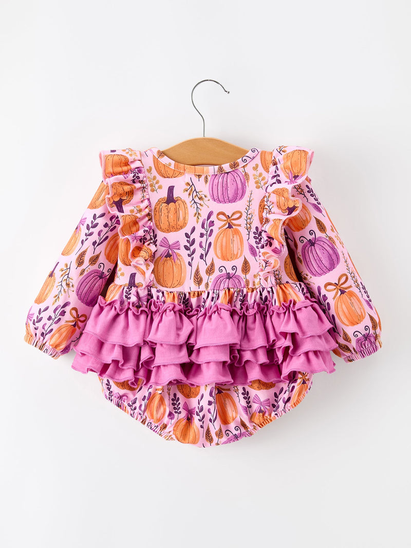 Halloween Thanksgiving Pumpkin Girls Romper with Ruffle Bow - 2