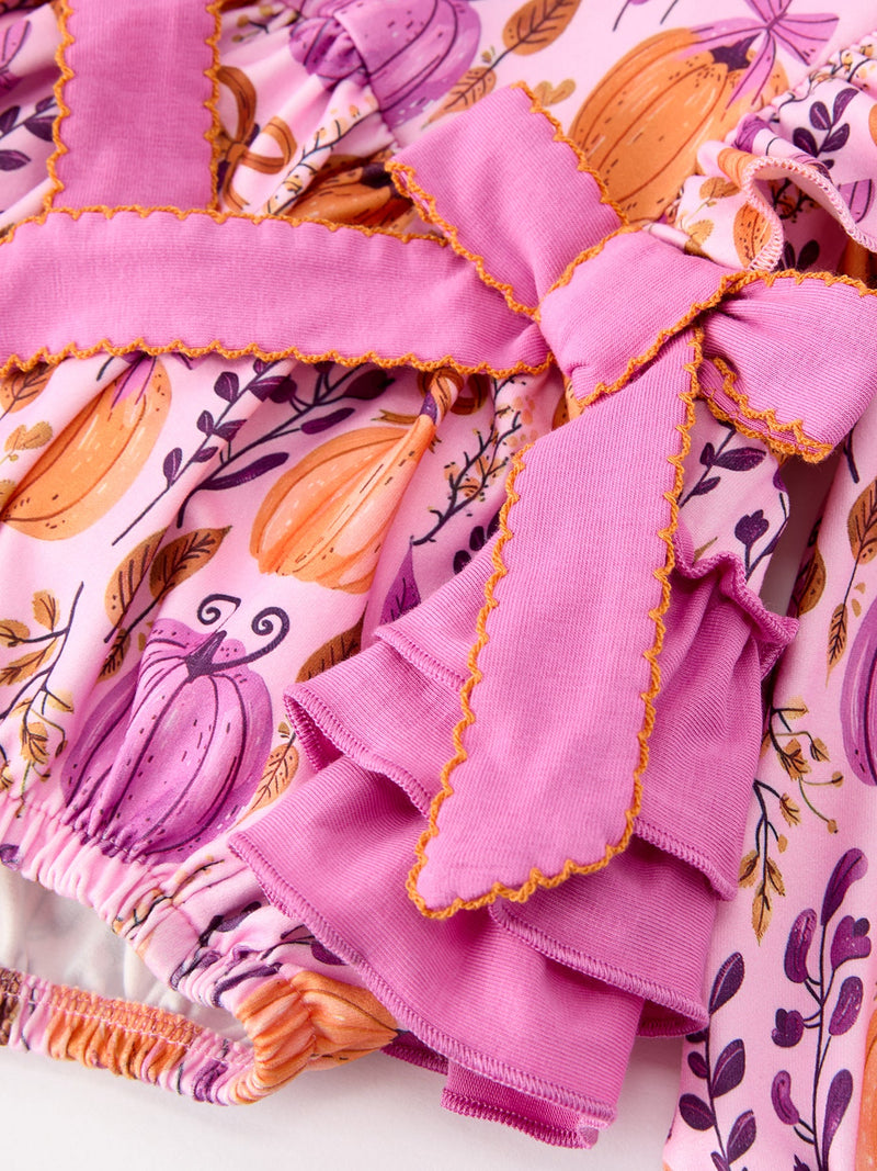 Halloween Thanksgiving Pumpkin Girls Romper with Ruffle Bow - 3