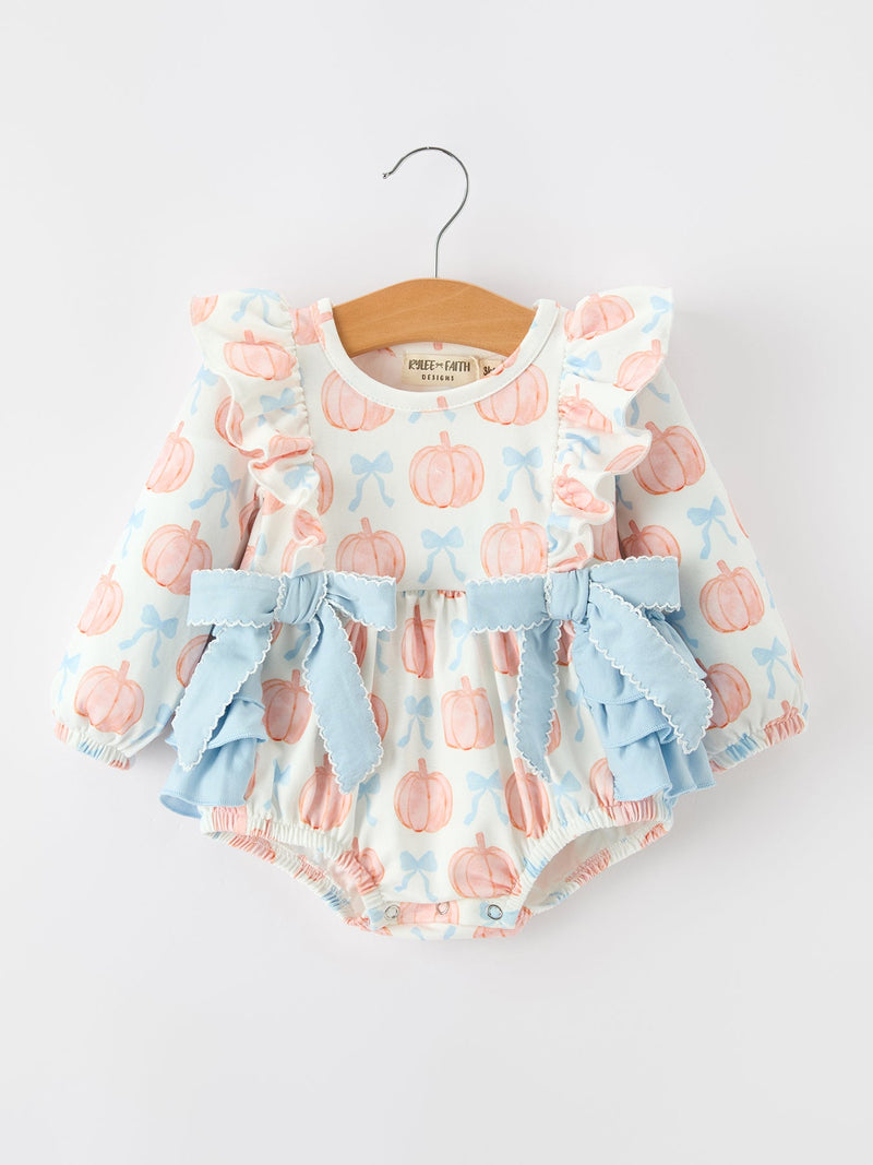 Halloween Thanksgiving Baby Girls Pumpkin Bow Ruffle Bubble Romper - 1
