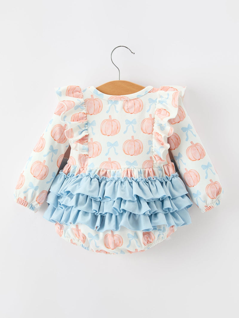 Halloween Thanksgiving Baby Girls Pumpkin Bow Ruffle Bubble Romper - 2
