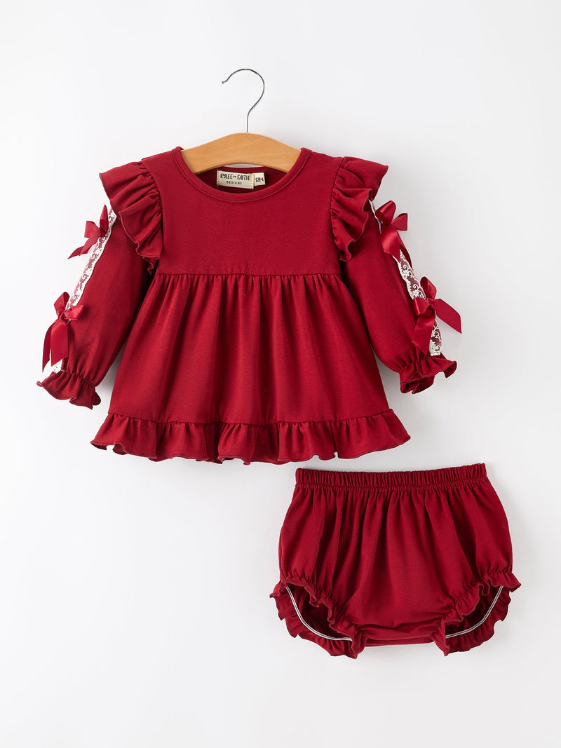 Christmas Baby Girls Red Lace Bow Bloomer Set - 1
