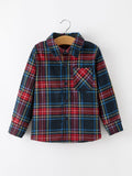 Christmas Boys Red Navy Plaid Button Down Shirt - 1
