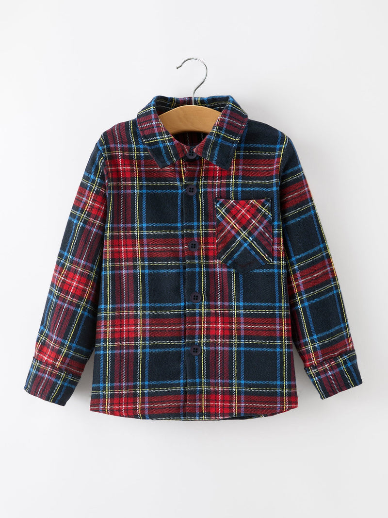 Christmas Boys Red Navy Plaid Button Down Shirt - 1